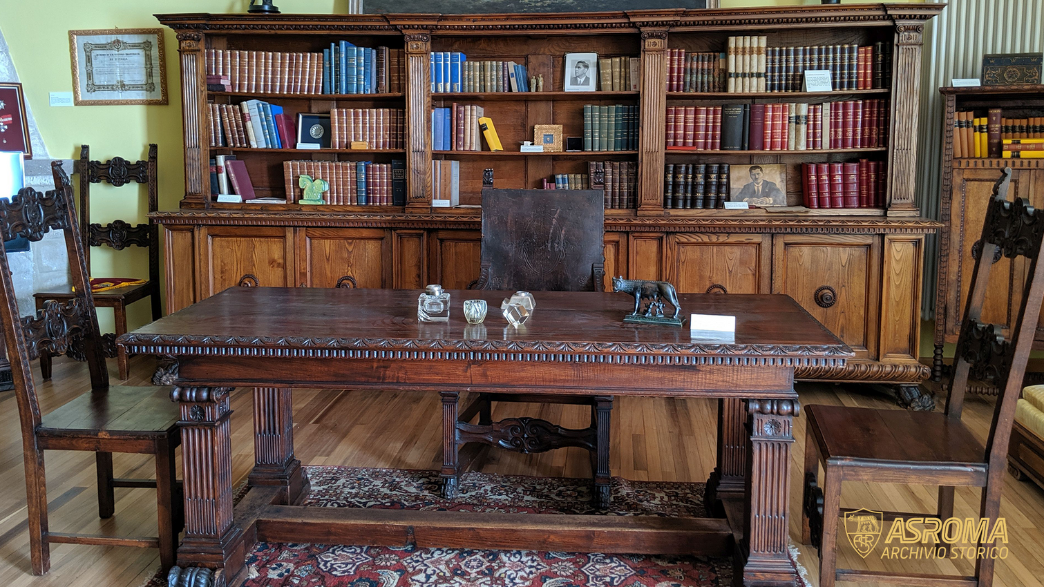 The office of AS Roma's founder reassembled with authentic furniture, objects and documents at the Italo Foschi Museum room, inaugurated in L'Aquila on 7 June 2016 at the end of a cataloguing and arrangement project conducted by the AS Roma Historical Archive in close contact with Foschi's descendants. Image taken on 18 October 2019, before the transportation of the first part of the Italo Foschi Fund to the AS Roma Historical Archives, located since 2012 at the Centro Sportivo Fulvio Bernardini in Trigoria
(AS Roma Historical Archives)